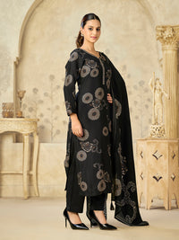 Black Printed With Handwork Straight Kurta With Dyed Trousers And Printed Dupatta