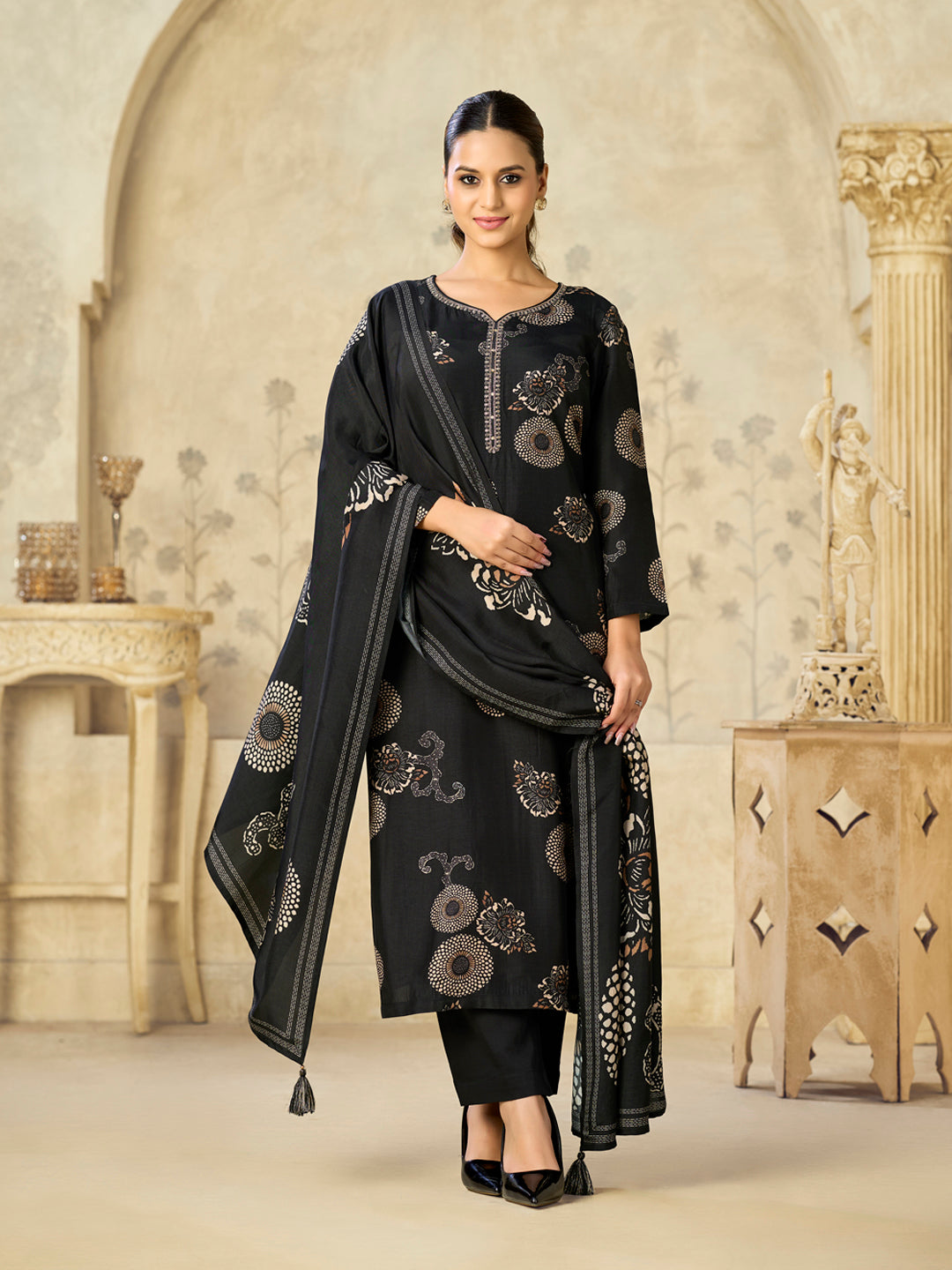 Black Printed With Handwork Straight Kurta With Dyed Trousers And Printed Dupatta