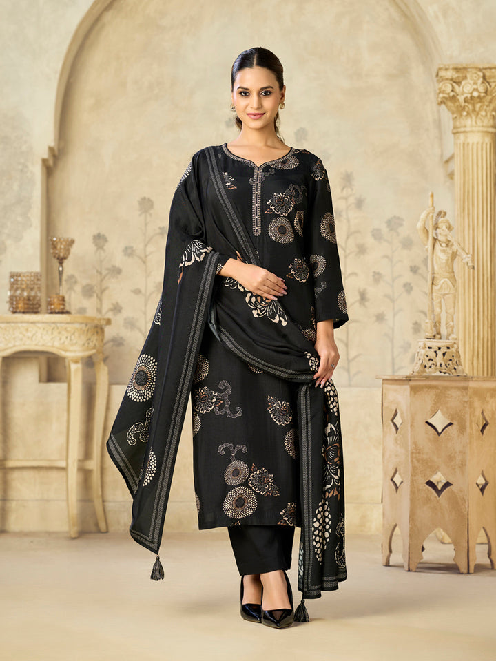 Black Printed With Handwork Straight Kurta With Dyed Trousers And Printed Dupatta