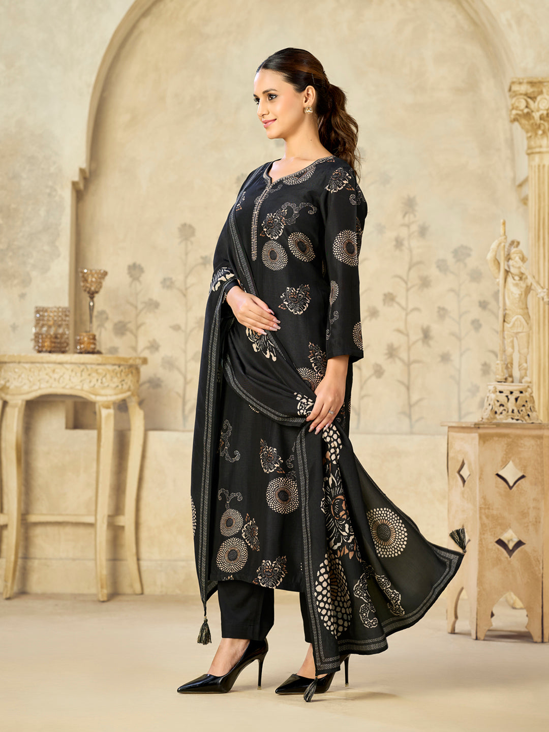 Black Printed With Handwork Straight Kurta With Dyed Trousers And Printed Dupatta