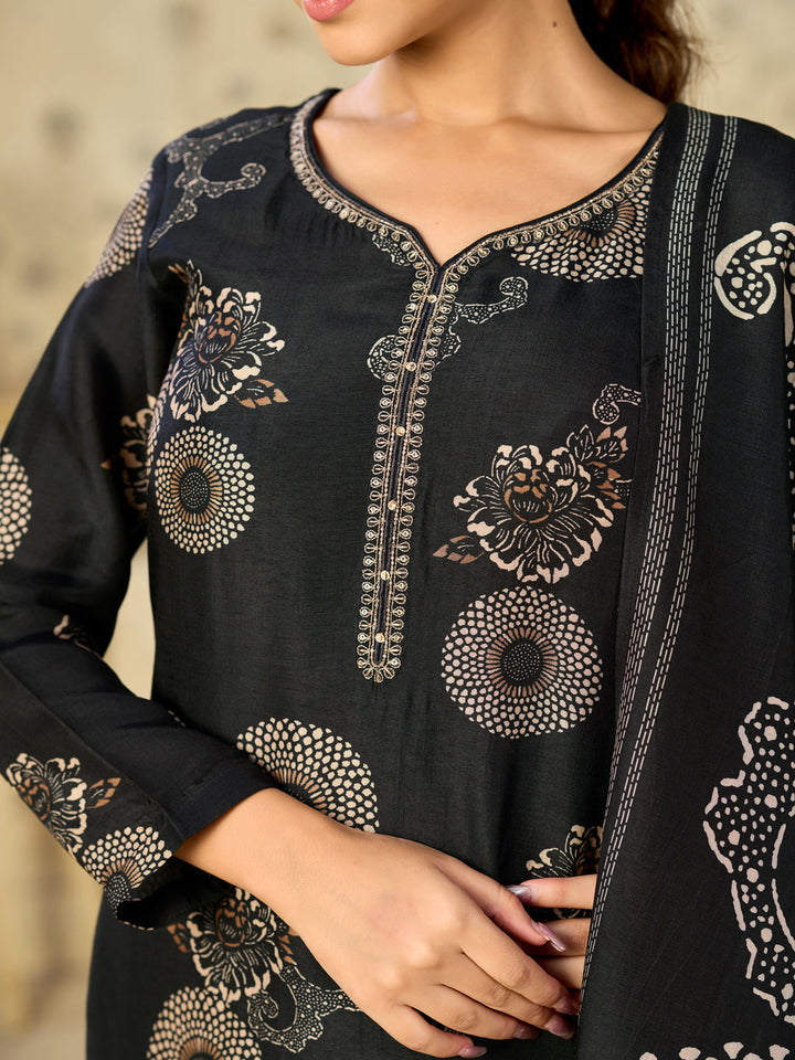 Black Printed With Handwork Straight Kurta With Dyed Trousers And Printed Dupatta