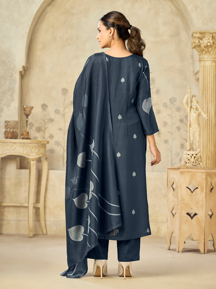 Blue Printed With Handwork Straight Kurta With Dyed Trousers And Printed Dupatta