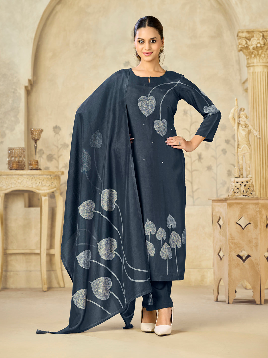 Blue Printed With Handwork Straight Kurta With Dyed Trousers And Printed Dupatta