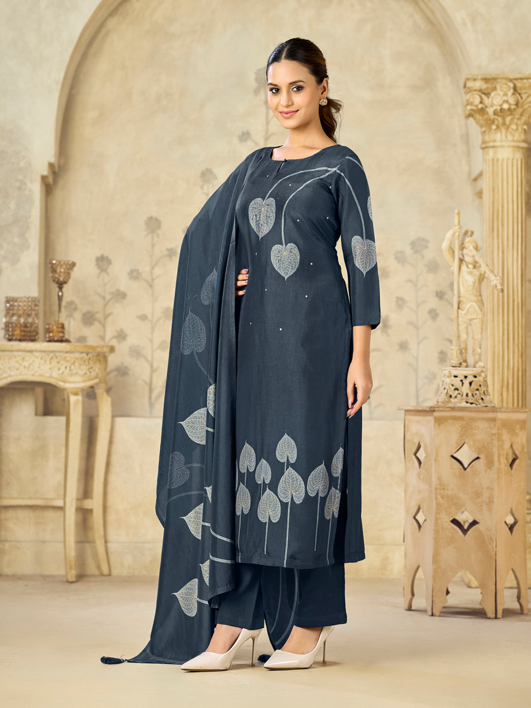 Blue Printed With Handwork Straight Kurta With Dyed Trousers And Printed Dupatta