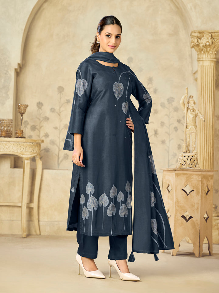 Blue Printed With Handwork Straight Kurta With Dyed Trousers And Printed Dupatta