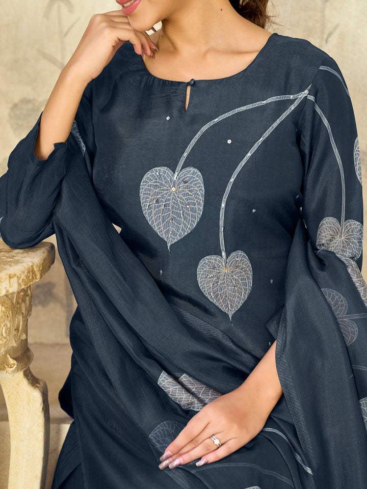 Blue Printed With Handwork Straight Kurta With Dyed Trousers And Printed Dupatta