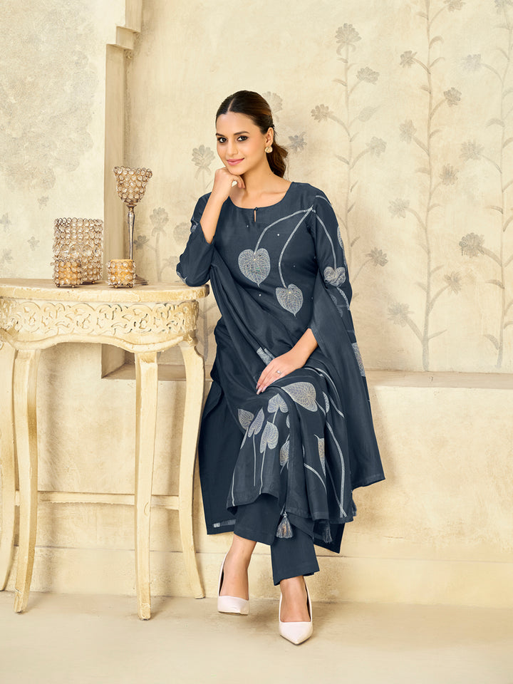 Blue Printed With Handwork Straight Kurta With Dyed Trousers And Printed Dupatta