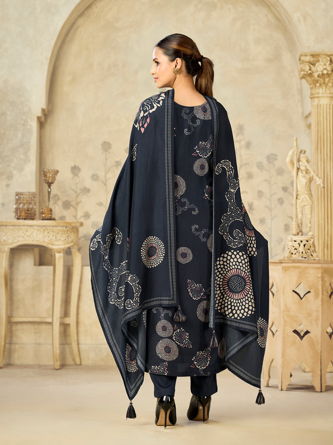Blue Printed With Handwork Straight Kurta With Dyed Trousers And Flower Printed Dupatta