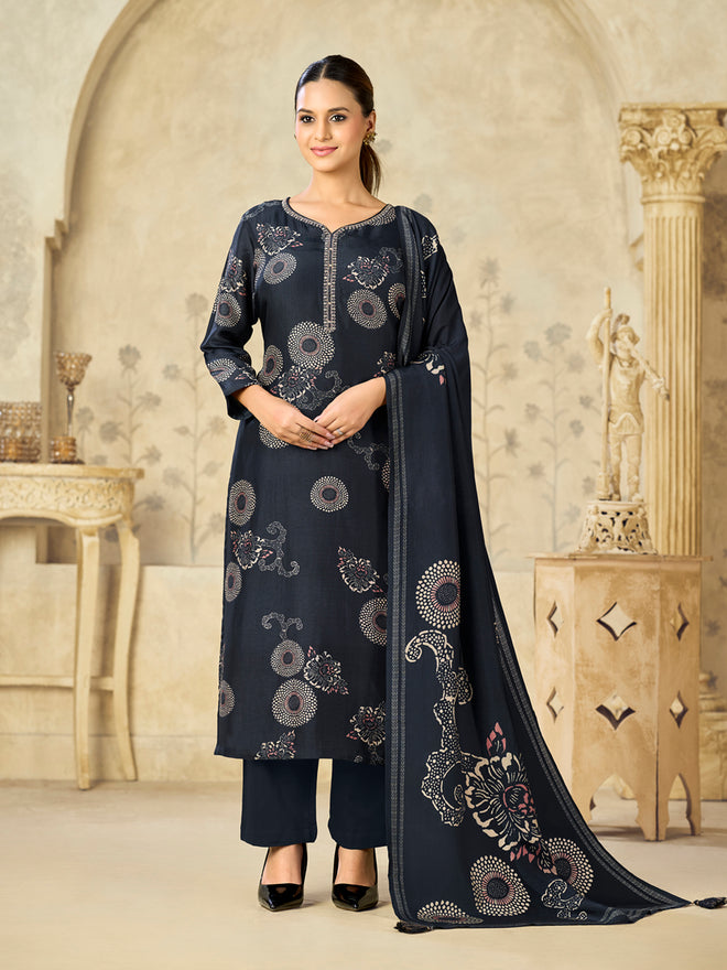 Blue Printed With Handwork Straight Kurta With Dyed Trousers And Flower Printed Dupatta