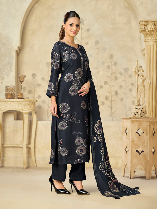 Blue Printed With Handwork Straight Kurta With Dyed Trousers And Flower Printed Dupatta