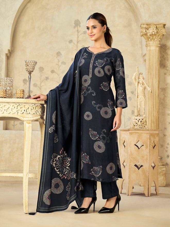 Blue Printed With Handwork Straight Kurta With Dyed Trousers And Flower Printed Dupatta