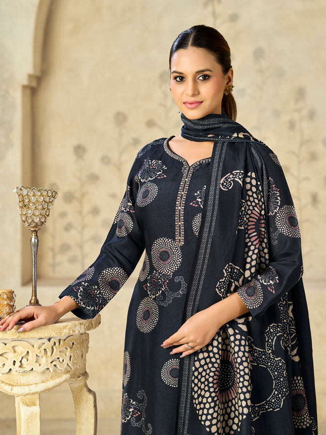 Blue Printed With Handwork Straight Kurta With Dyed Trousers And Flower Printed Dupatta