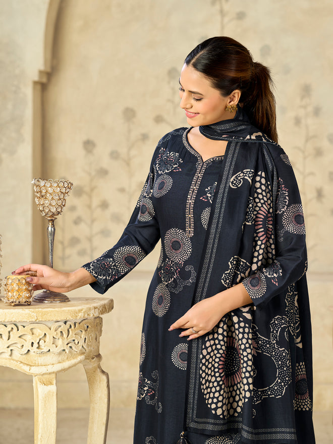 Blue Printed With Handwork Straight Kurta With Dyed Trousers And Flower Printed Dupatta