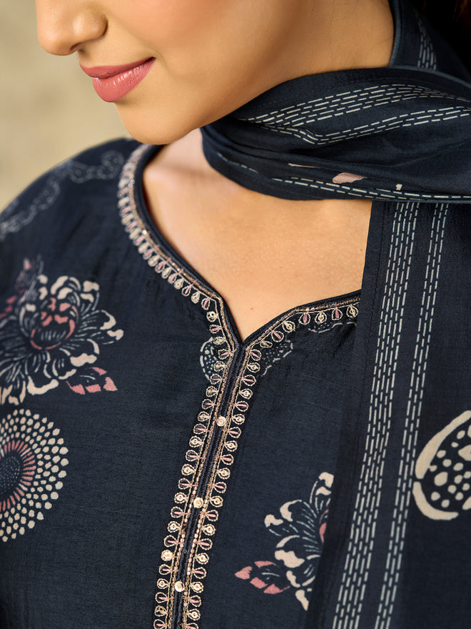 Blue Printed With Handwork Straight Kurta With Dyed Trousers And Flower Printed Dupatta