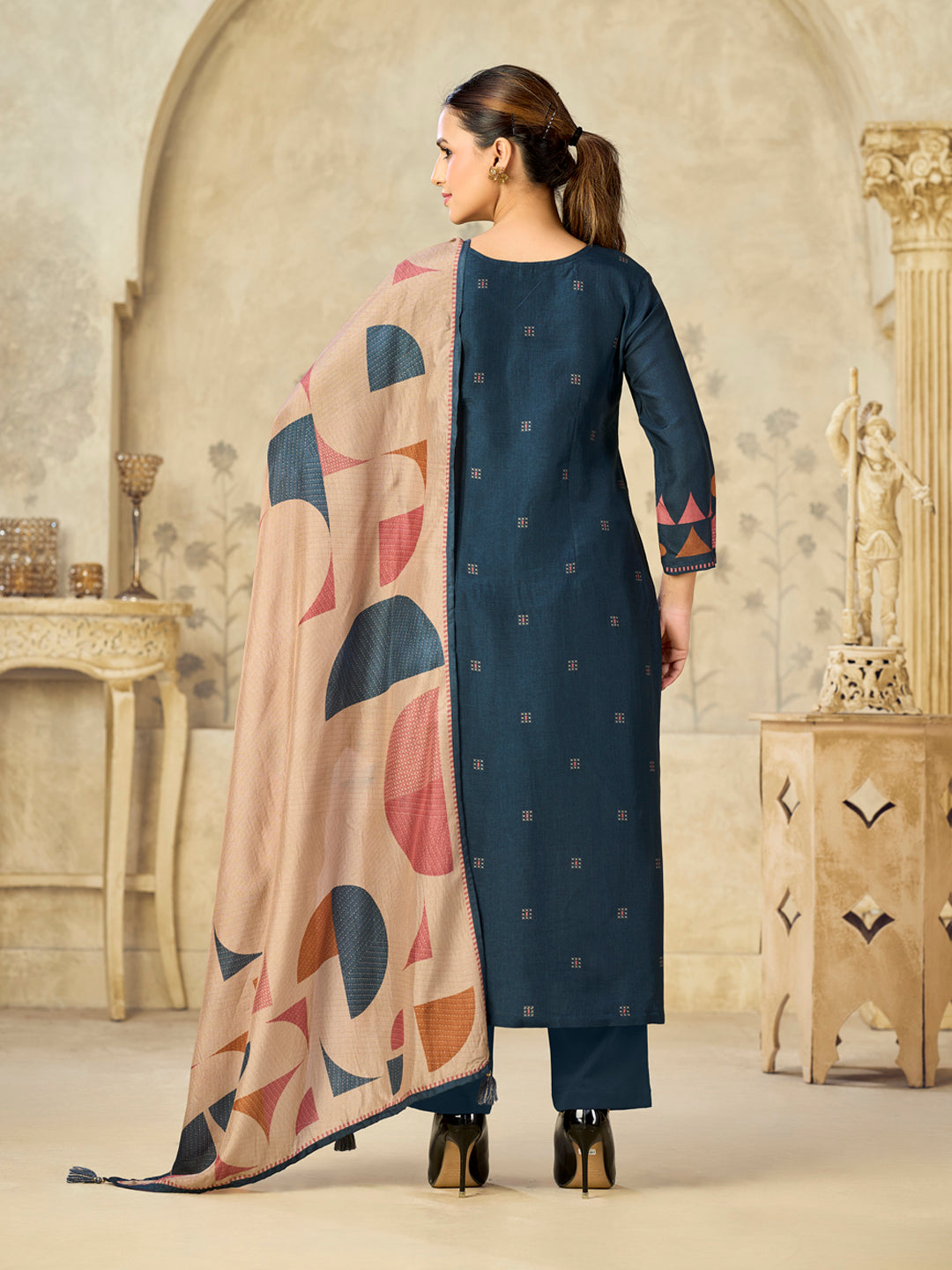 Blue Printed With Handwork Straight Kurta With Dyed Trousers And Printed Dupatta