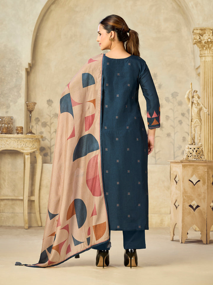 Blue Printed With Handwork Straight Kurta With Dyed Trousers And Printed Dupatta