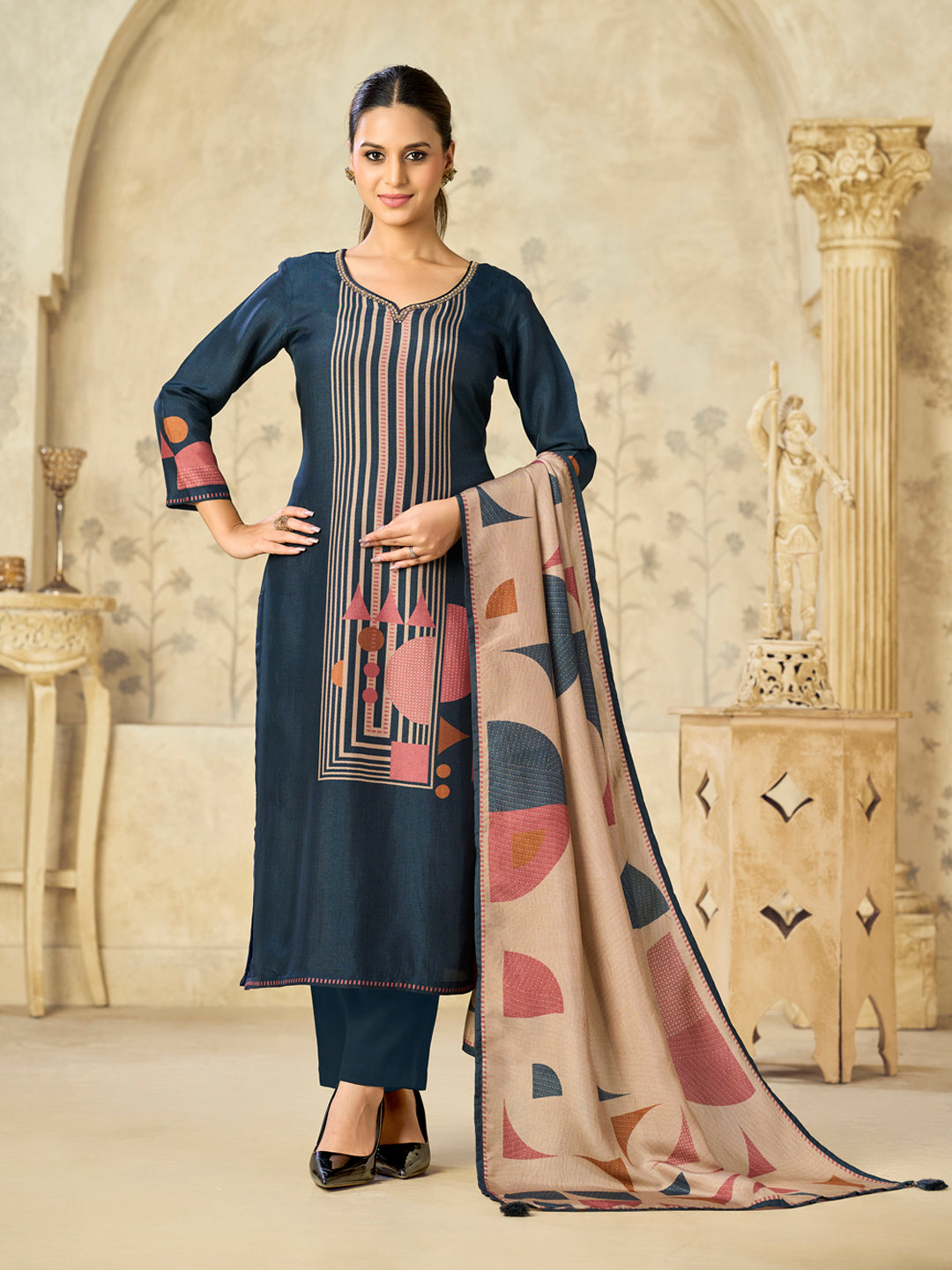Blue Printed With Handwork Straight Kurta With Dyed Trousers And Printed Dupatta