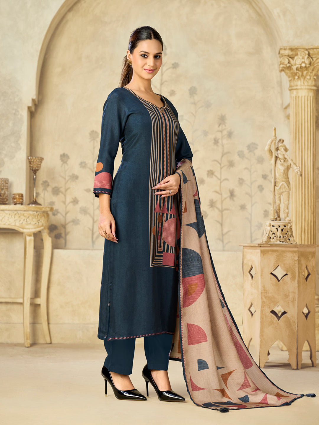 Blue Printed With Handwork Straight Kurta With Dyed Trousers And Printed Dupatta