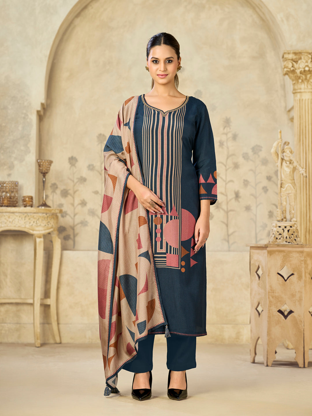 Blue Printed With Handwork Straight Kurta With Dyed Trousers And Printed Dupatta