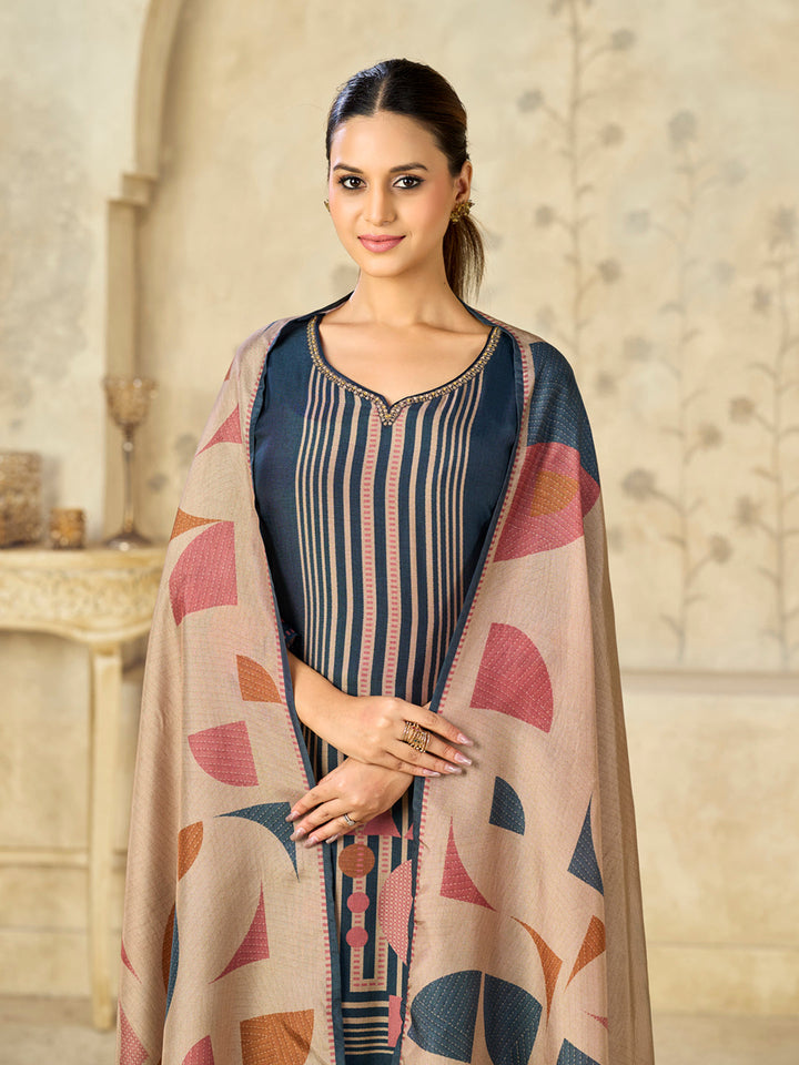 Blue Printed With Handwork Straight Kurta With Dyed Trousers And Printed Dupatta