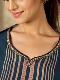 Blue Printed With Handwork Straight Kurta With Dyed Trousers And Printed Dupatta
