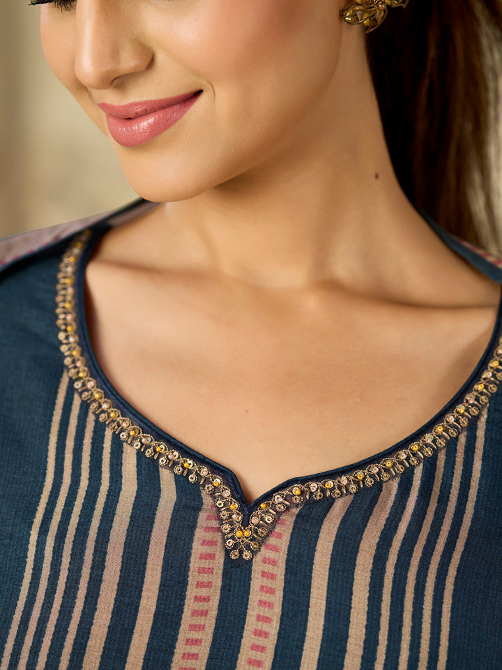 Blue Printed With Handwork Straight Kurta With Dyed Trousers And Printed Dupatta