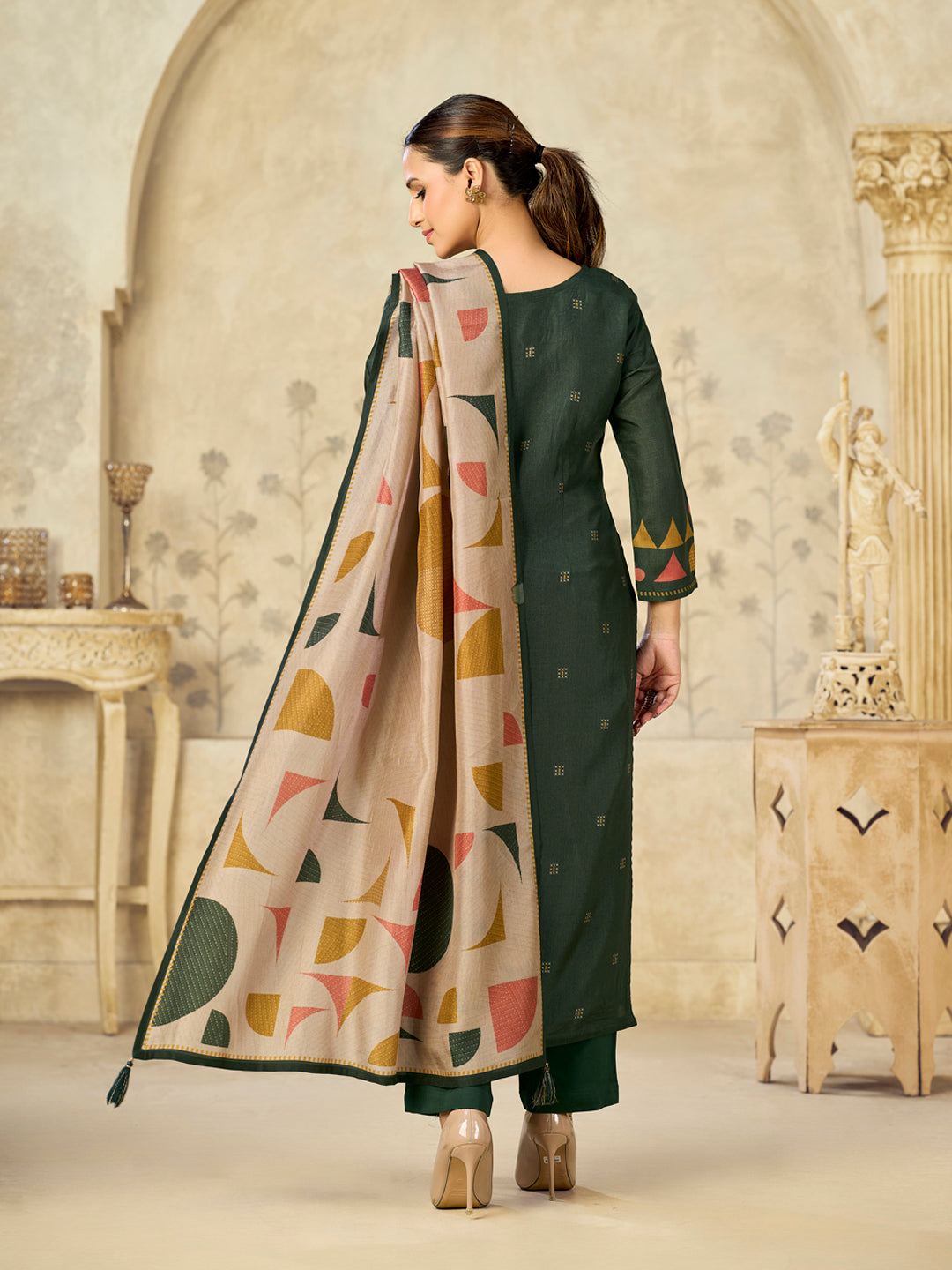 Olive Printed With Handwork Straight Kurta With Dyed Trousers And Printed Dupatta