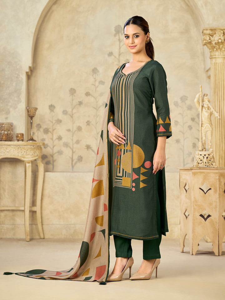 Olive Printed With Handwork Straight Kurta With Dyed Trousers And Printed Dupatta