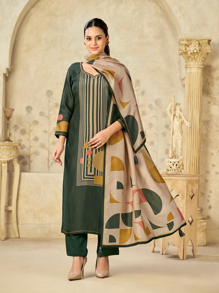 Olive Printed With Handwork Straight Kurta With Dyed Trousers And Printed Dupatta