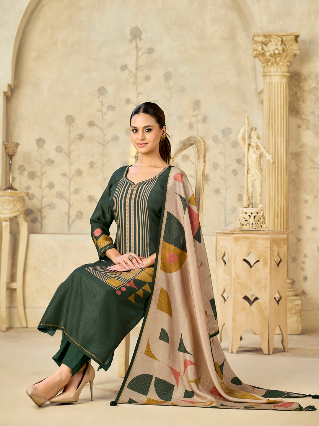 Olive Printed With Handwork Straight Kurta With Dyed Trousers And Printed Dupatta