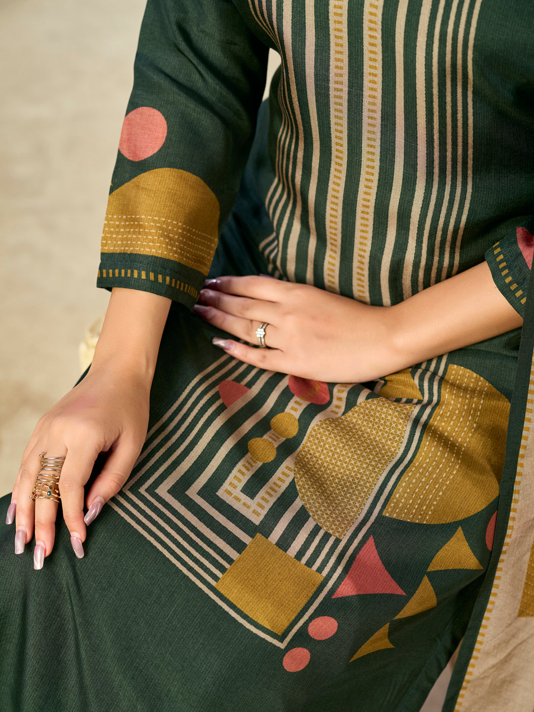 Olive Printed With Handwork Straight Kurta With Dyed Trousers And Printed Dupatta