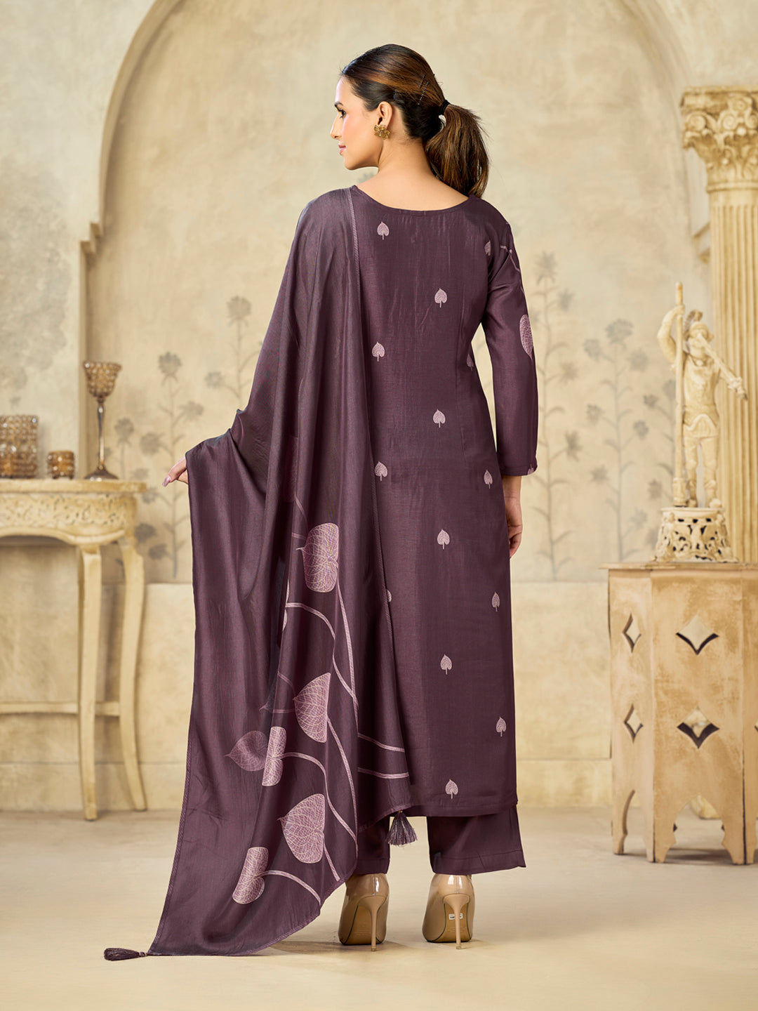 Burgundy Printed With Handwork Straight Kurta With Dyed Trousers And Printed Dupatta