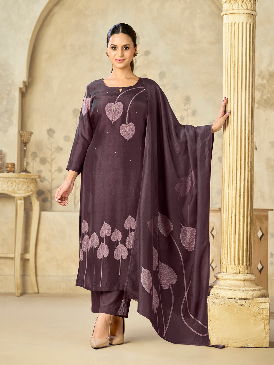 Burgundy Printed With Handwork Straight Kurta With Dyed Trousers And Printed Dupatta