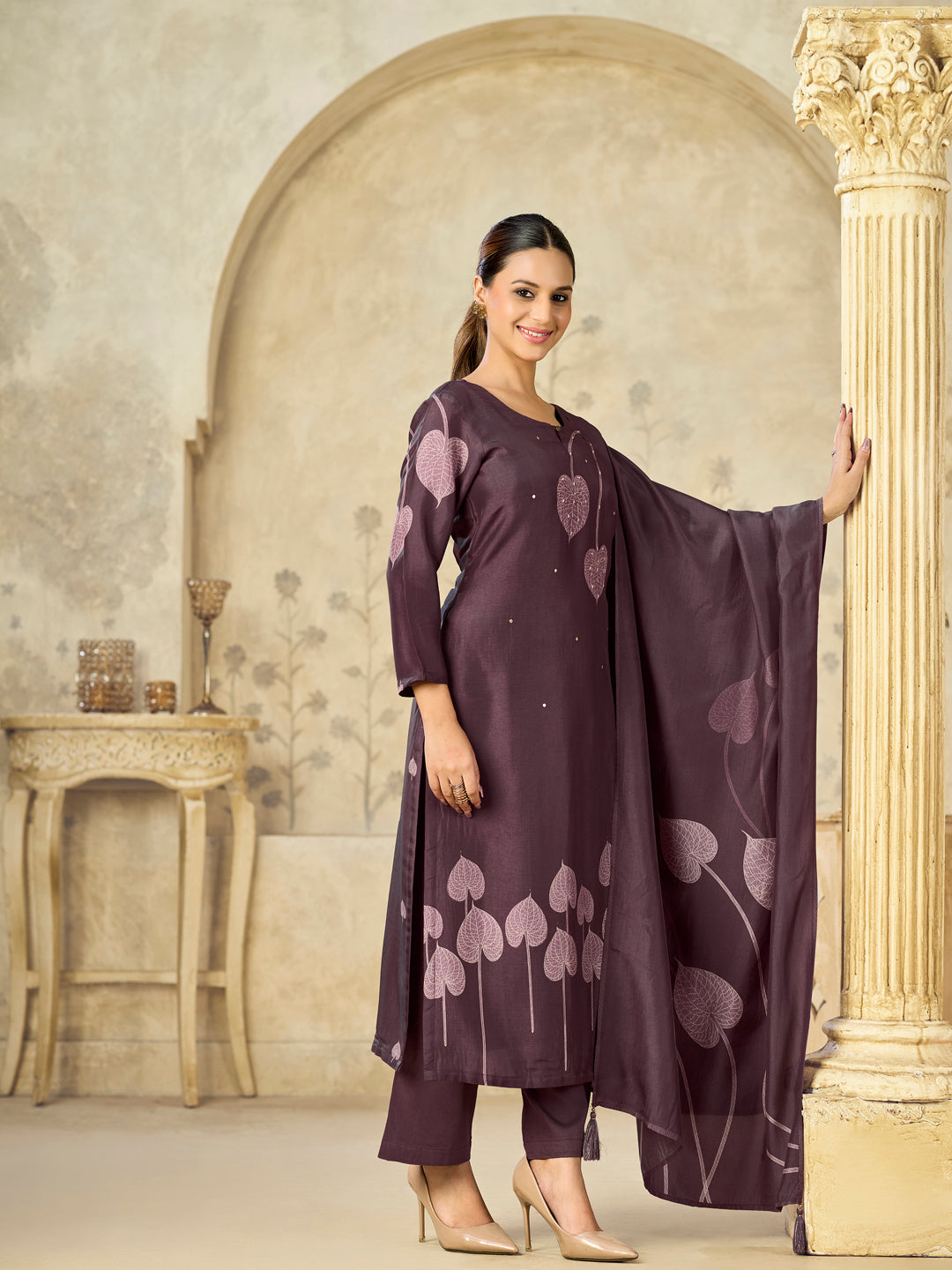 Burgundy Printed With Handwork Straight Kurta With Dyed Trousers And Printed Dupatta