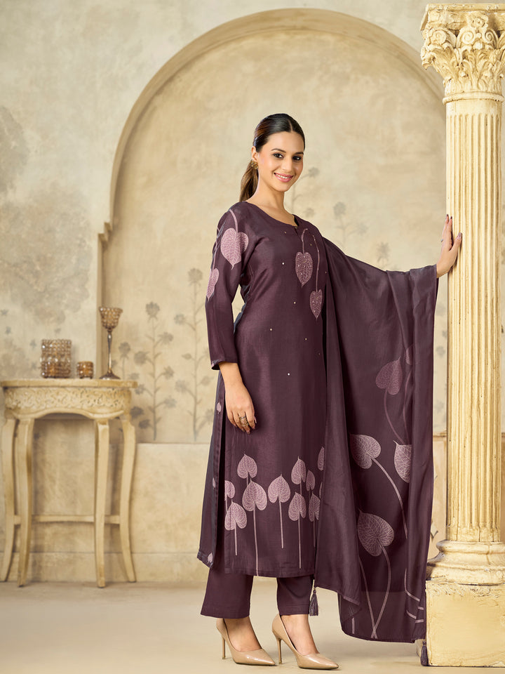 Burgundy Printed With Handwork Straight Kurta With Dyed Trousers And Printed Dupatta