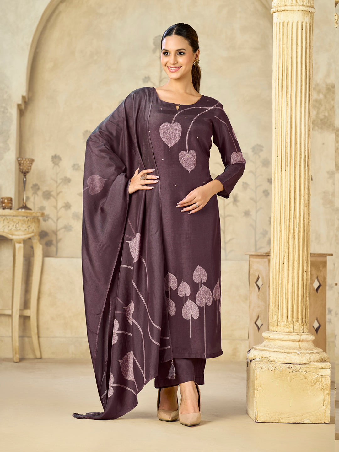 Burgundy Printed With Handwork Straight Kurta With Dyed Trousers And Printed Dupatta