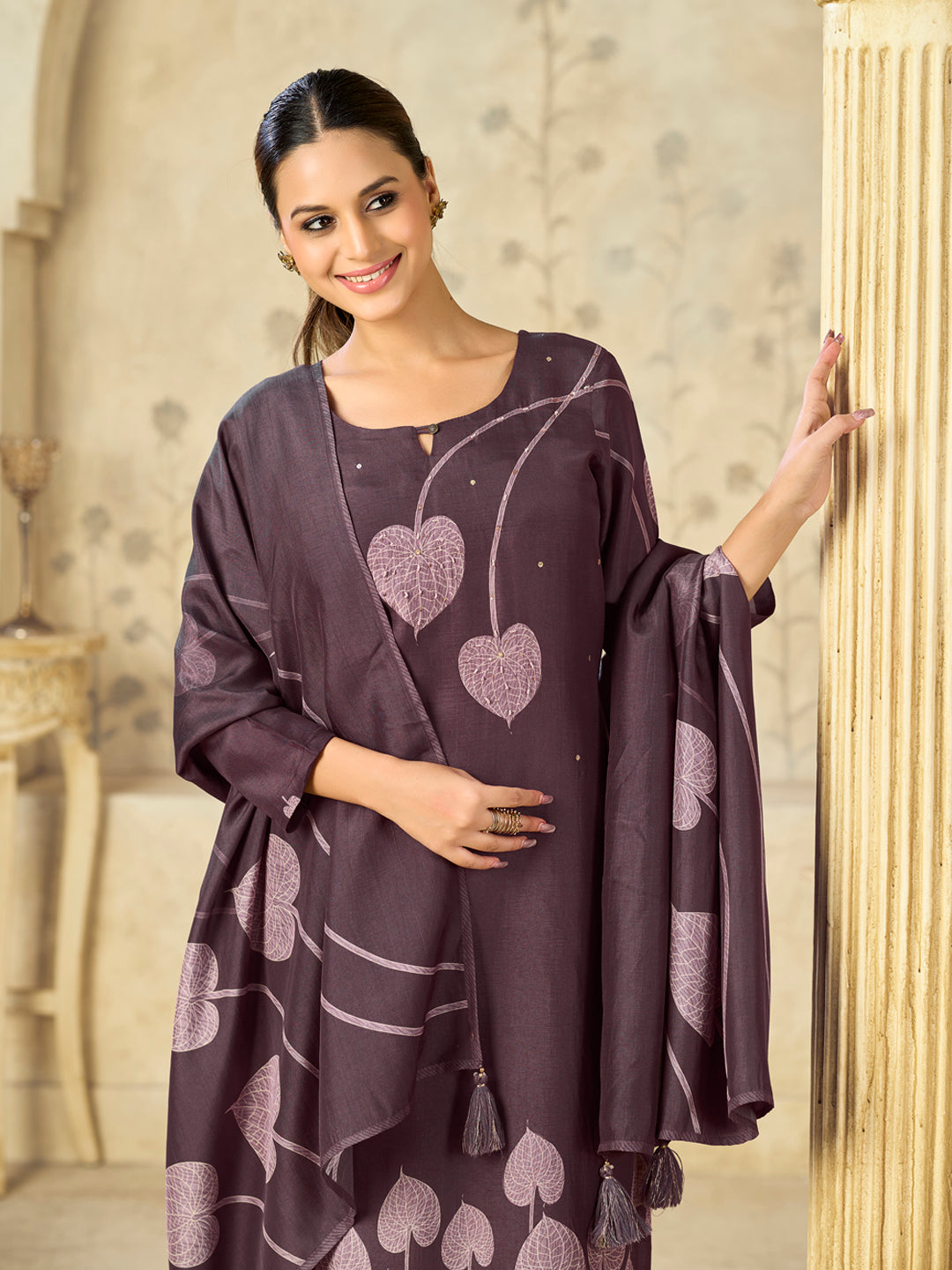 Burgundy Printed With Handwork Straight Kurta With Dyed Trousers And Printed Dupatta