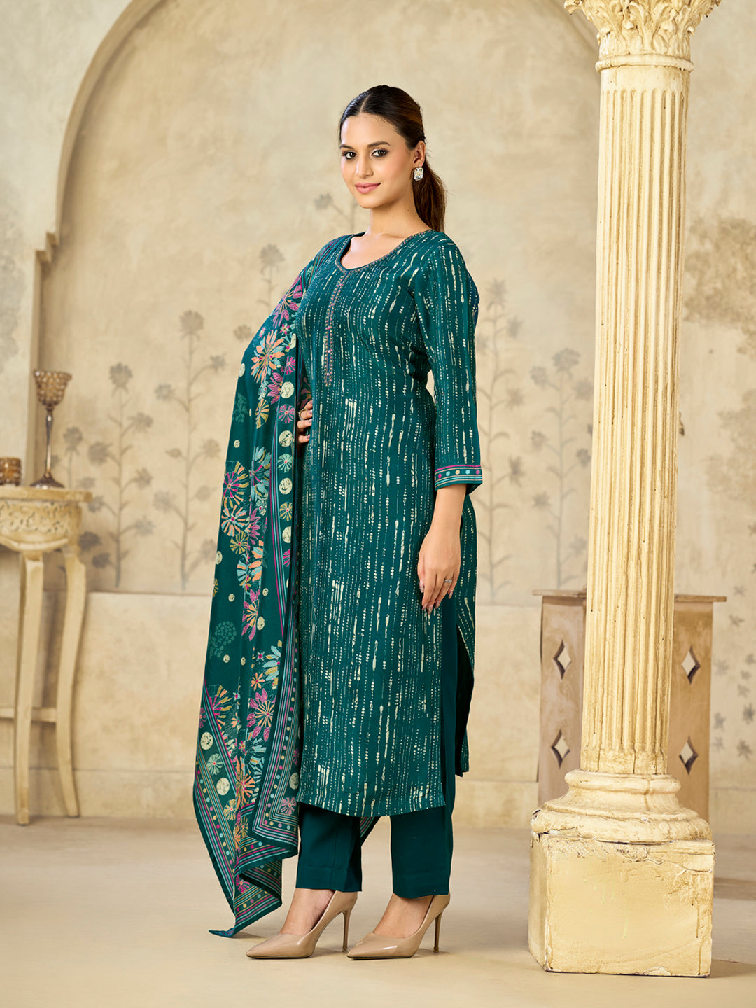 Green Printed With Handwork Straight Kurta With Dyed Trousers And Printed Dupatta