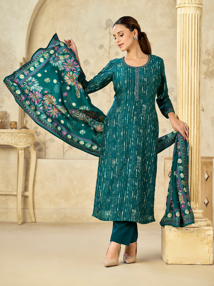 Green Printed With Handwork Straight Kurta With Dyed Trousers And Printed Dupatta