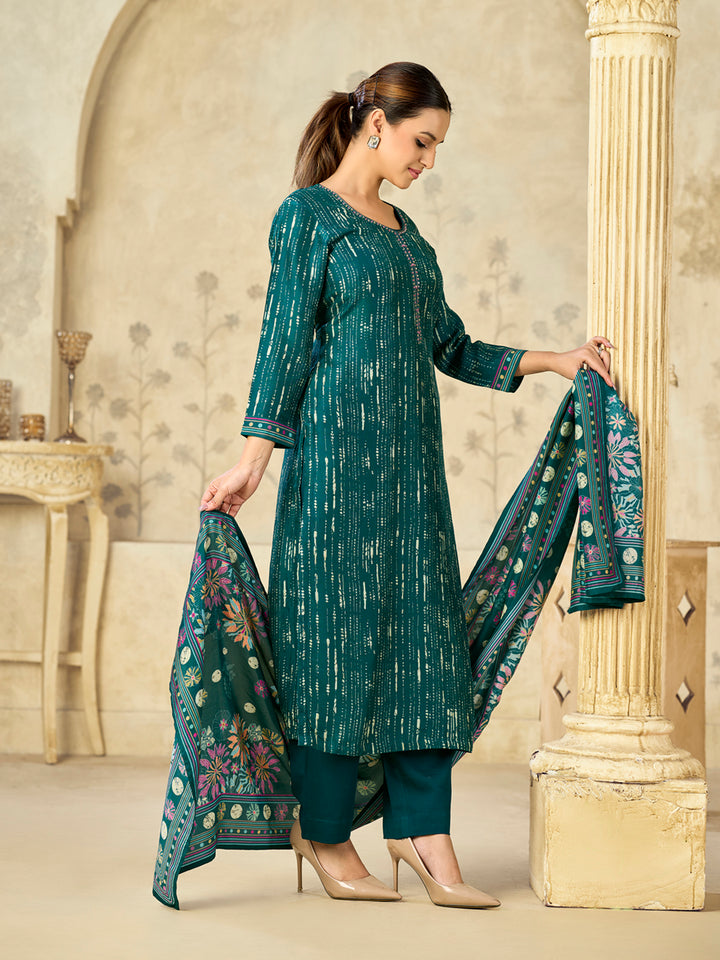 Green Printed With Handwork Straight Kurta With Dyed Trousers And Printed Dupatta