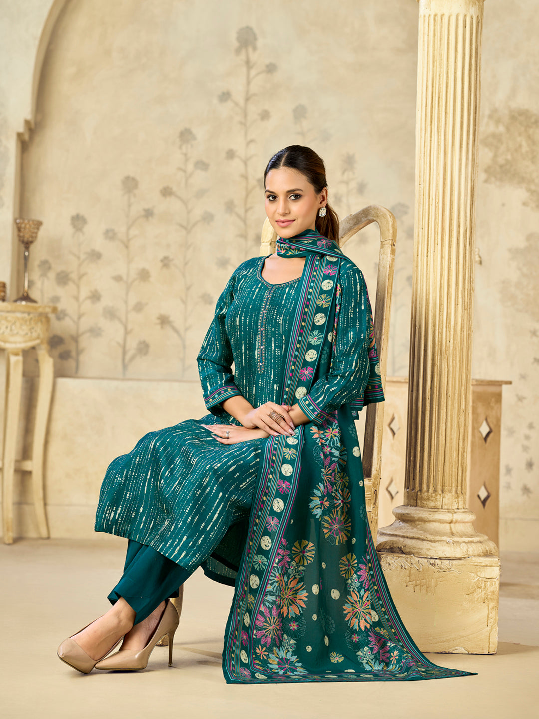 Green Printed With Handwork Straight Kurta With Dyed Trousers And Printed Dupatta