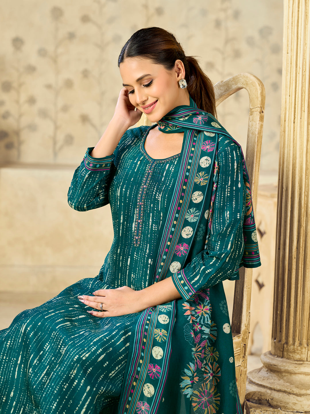 Green Printed With Handwork Straight Kurta With Dyed Trousers And Printed Dupatta