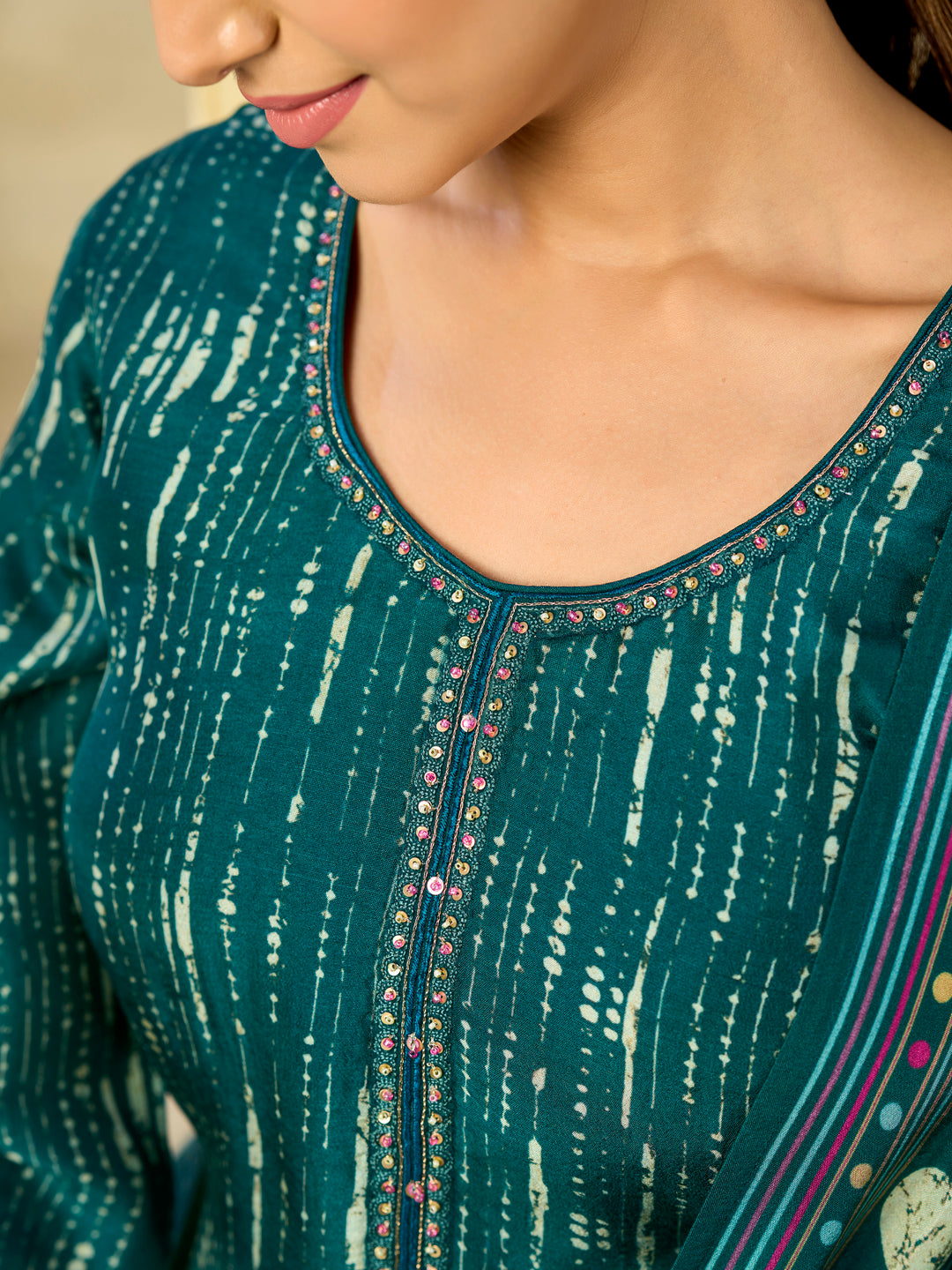 Green Printed With Handwork Straight Kurta With Dyed Trousers And Printed Dupatta