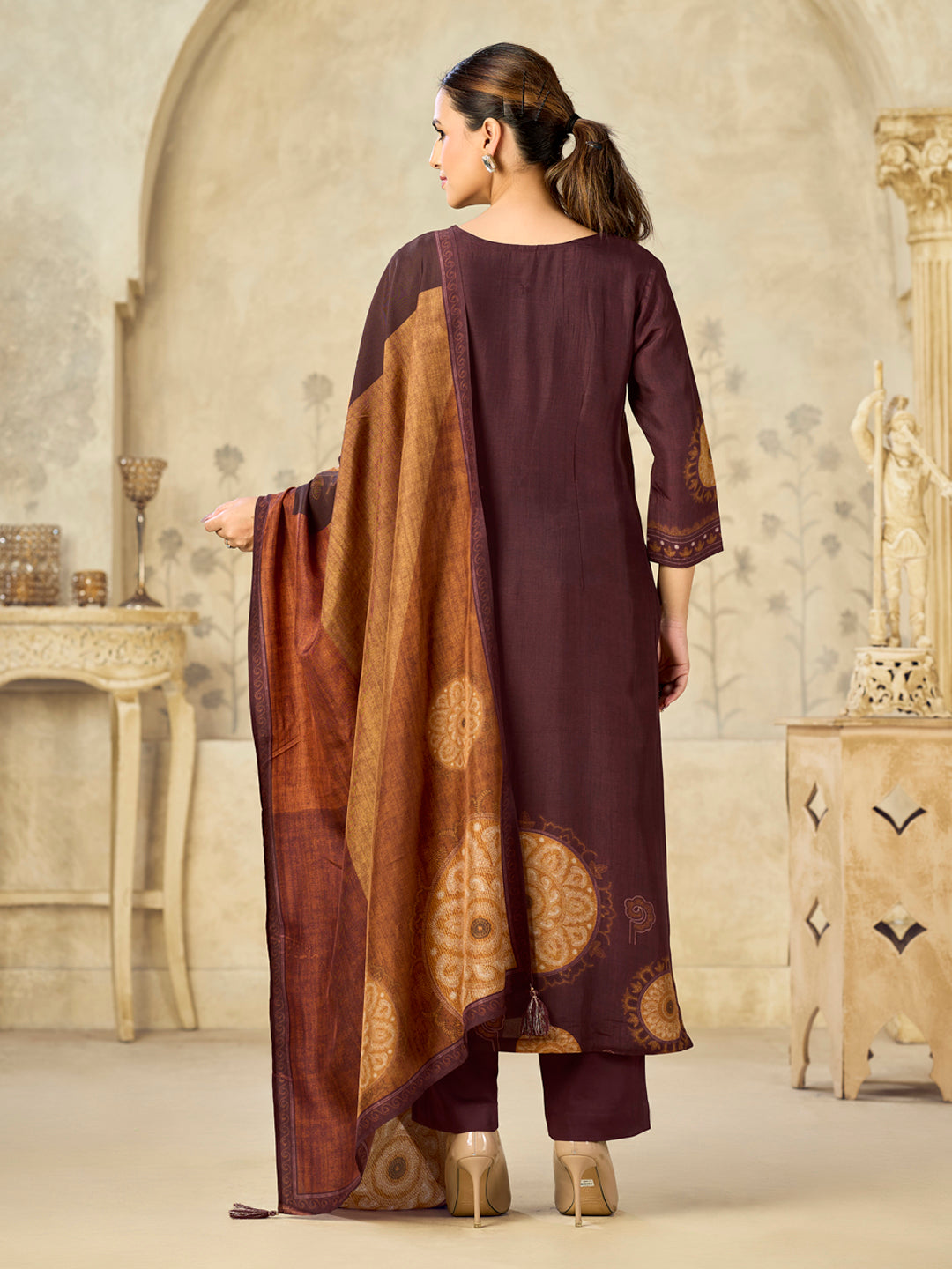 Brown Printed With Handwork Straight Kurta With Dyed Trousers And Printed Dupatta