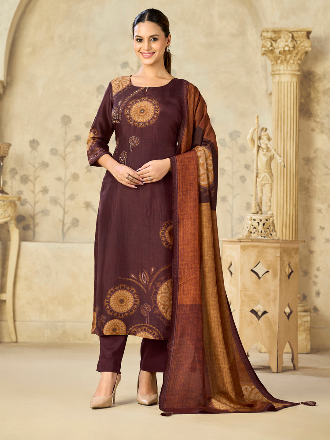 Brown Printed With Handwork Straight Kurta With Dyed Trousers And Printed Dupatta