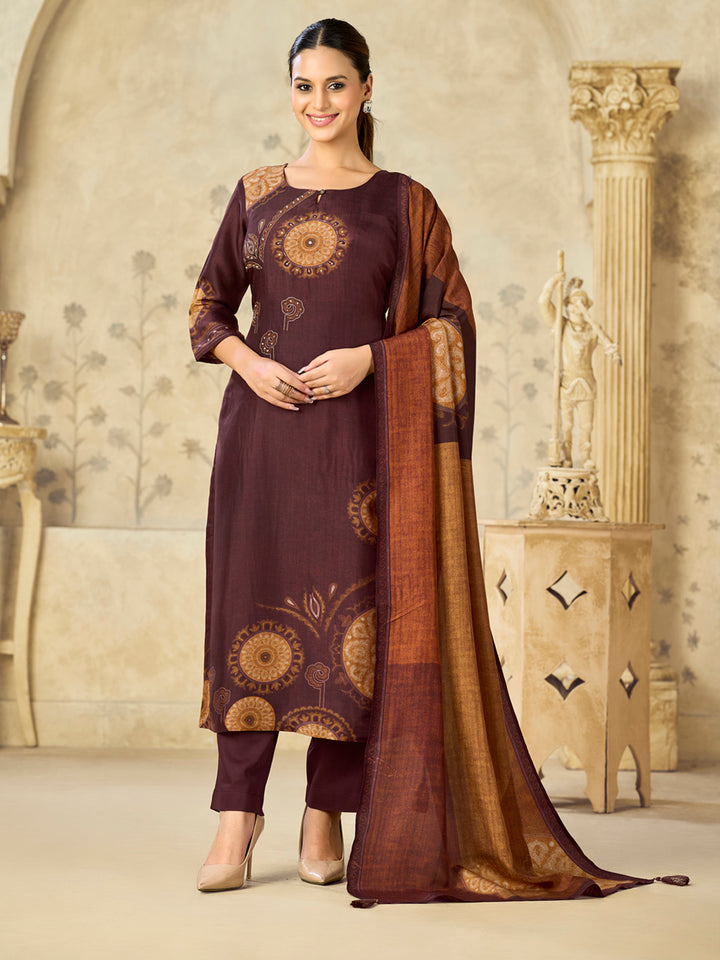 Brown Printed With Handwork Straight Kurta With Dyed Trousers And Printed Dupatta