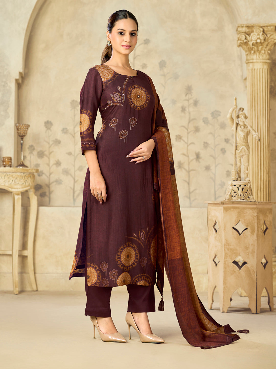 Brown Printed With Handwork Straight Kurta With Dyed Trousers And Printed Dupatta