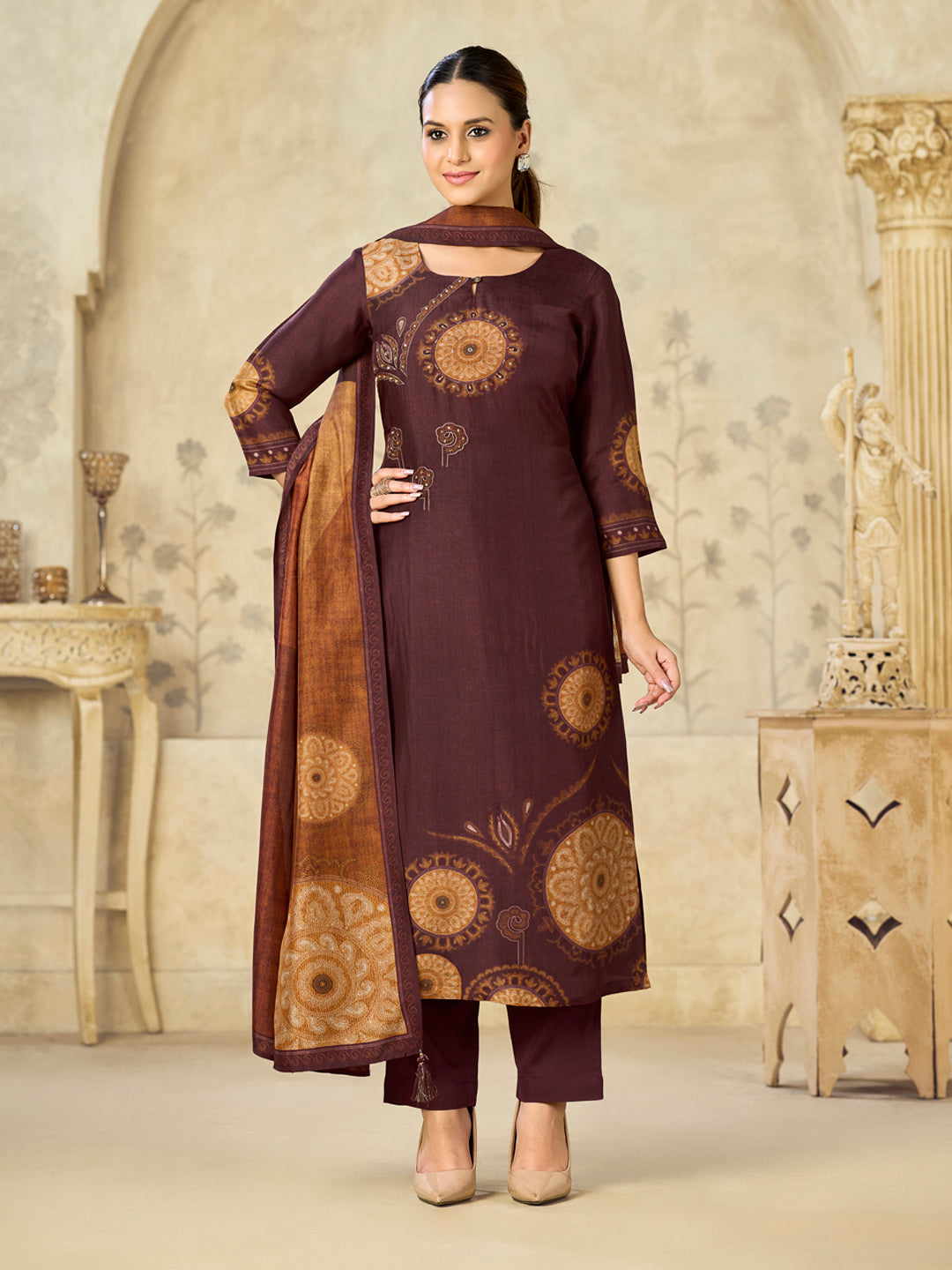 Brown Printed With Handwork Straight Kurta With Dyed Trousers And Printed Dupatta