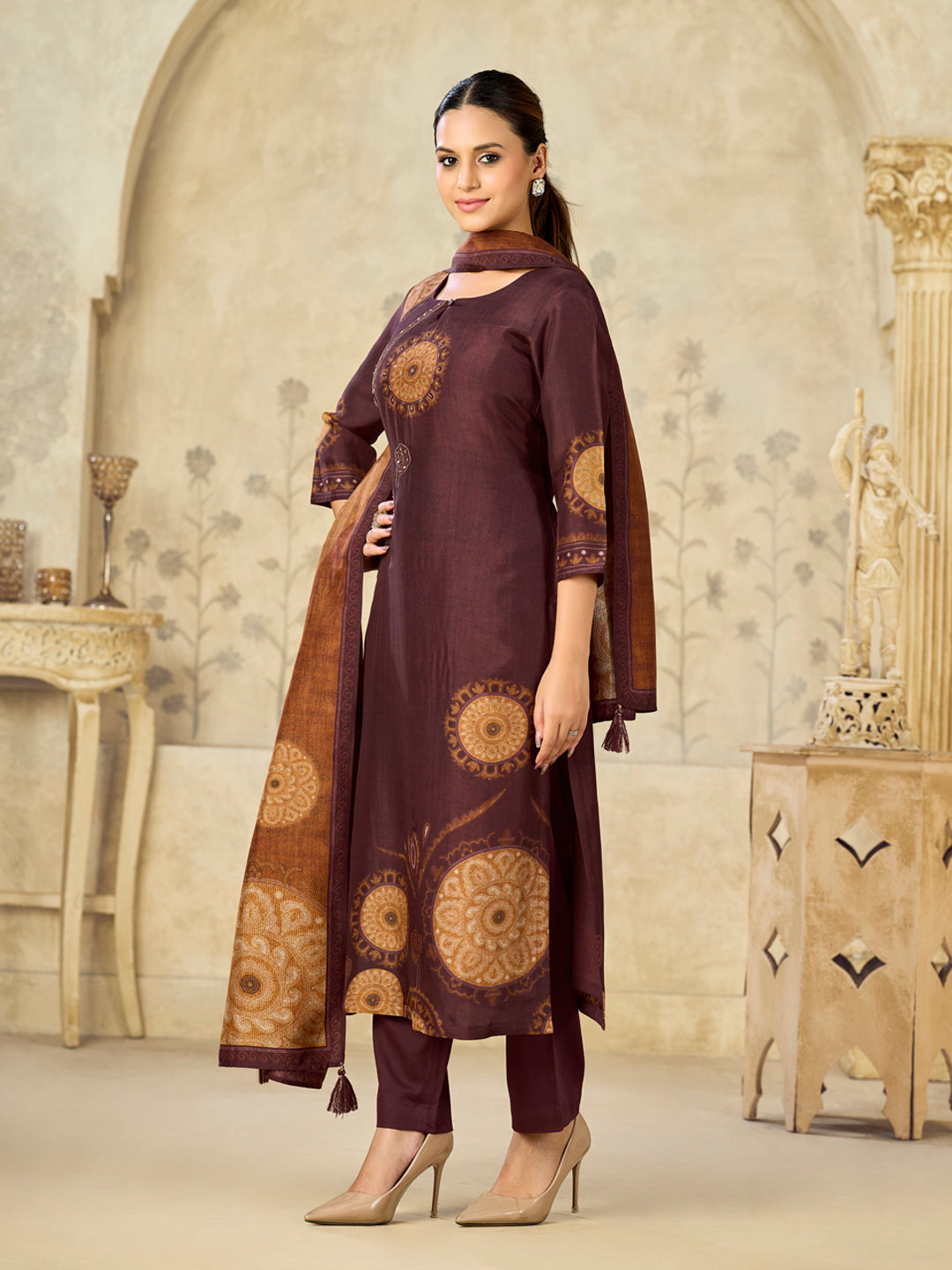Brown Printed With Handwork Straight Kurta With Dyed Trousers And Printed Dupatta