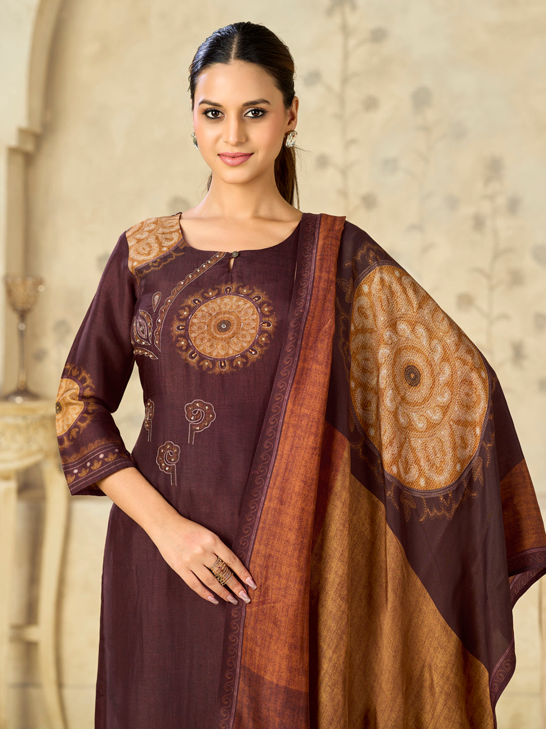 Brown Printed With Handwork Straight Kurta With Dyed Trousers And Printed Dupatta